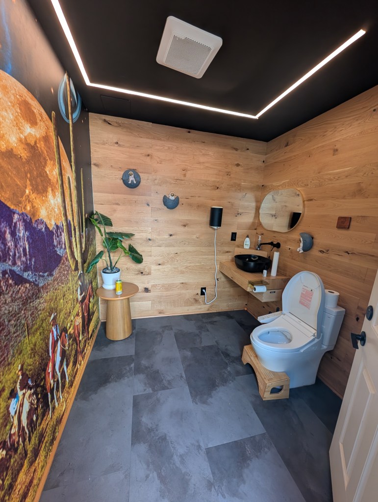Modern bathroom featuring a wooden accent wall, a stylish toilet, a round mirror, and decorative plant. The room has a unique mural depicting a scenic landscape.